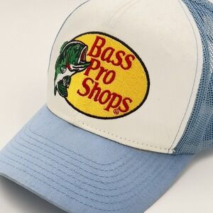 Bass Pro Shops Trucker Hat Snapback Blue White Mesh Fishing Cap.